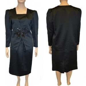 Chez California Vintage 80s Black Satin Sequin Formal Jacket & Skirt Set sz 18W